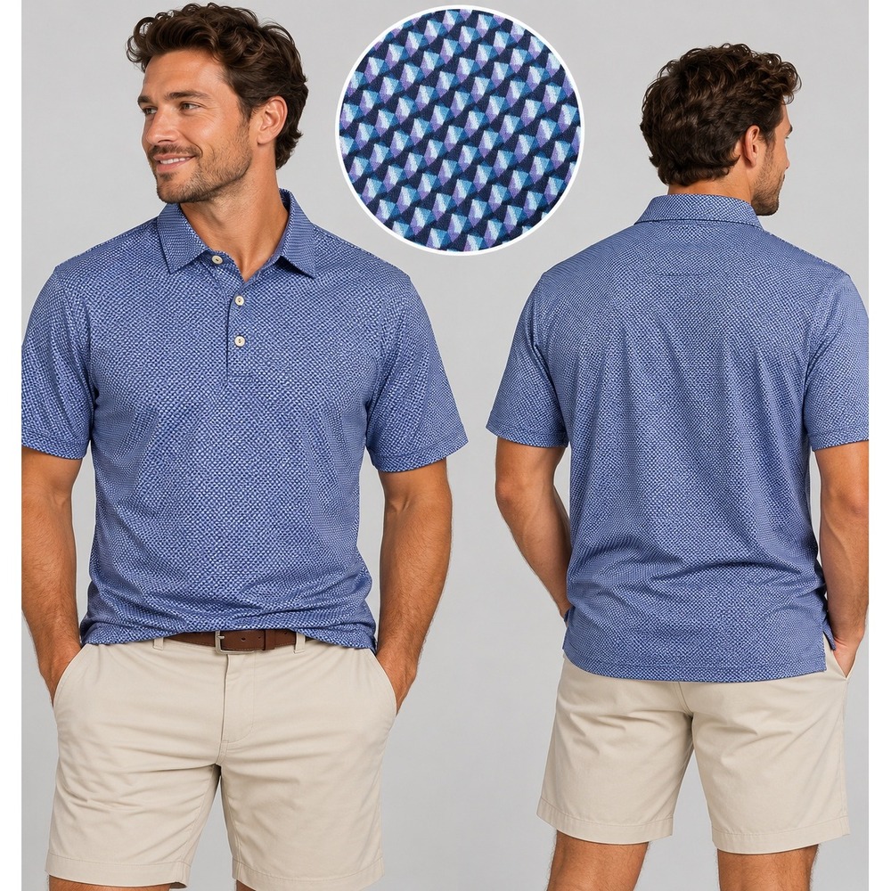 Peter Millar Summer Comfort Polo Large Navy Geometric Print Golf Performance